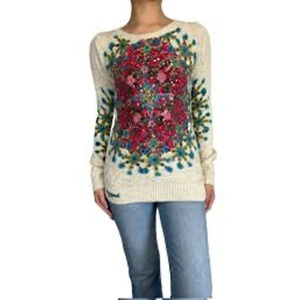Desigual Small Floral Sequin Knit Sweater Avant Garde Abstract Hipster Career